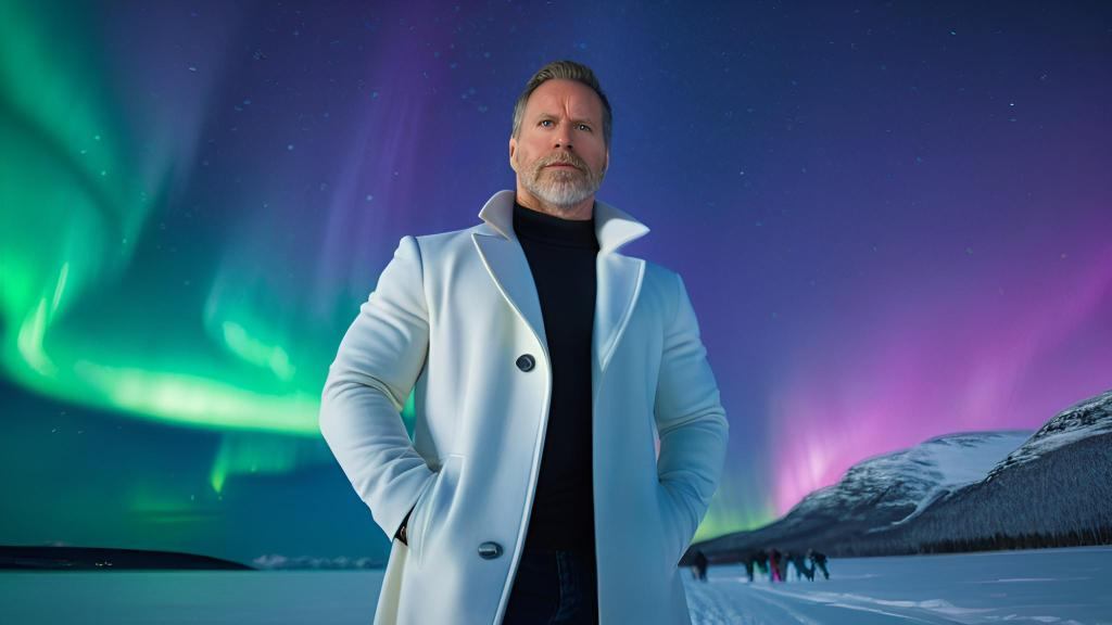 Joshua Whitaker in a white coat standing on snow under the northern lights